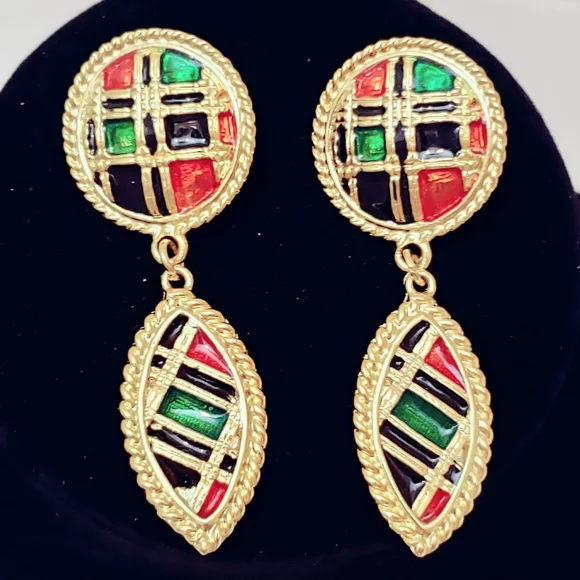 Gold Tone Vintage Plaid Dangles Red Navy Green - Picture 6 of 7